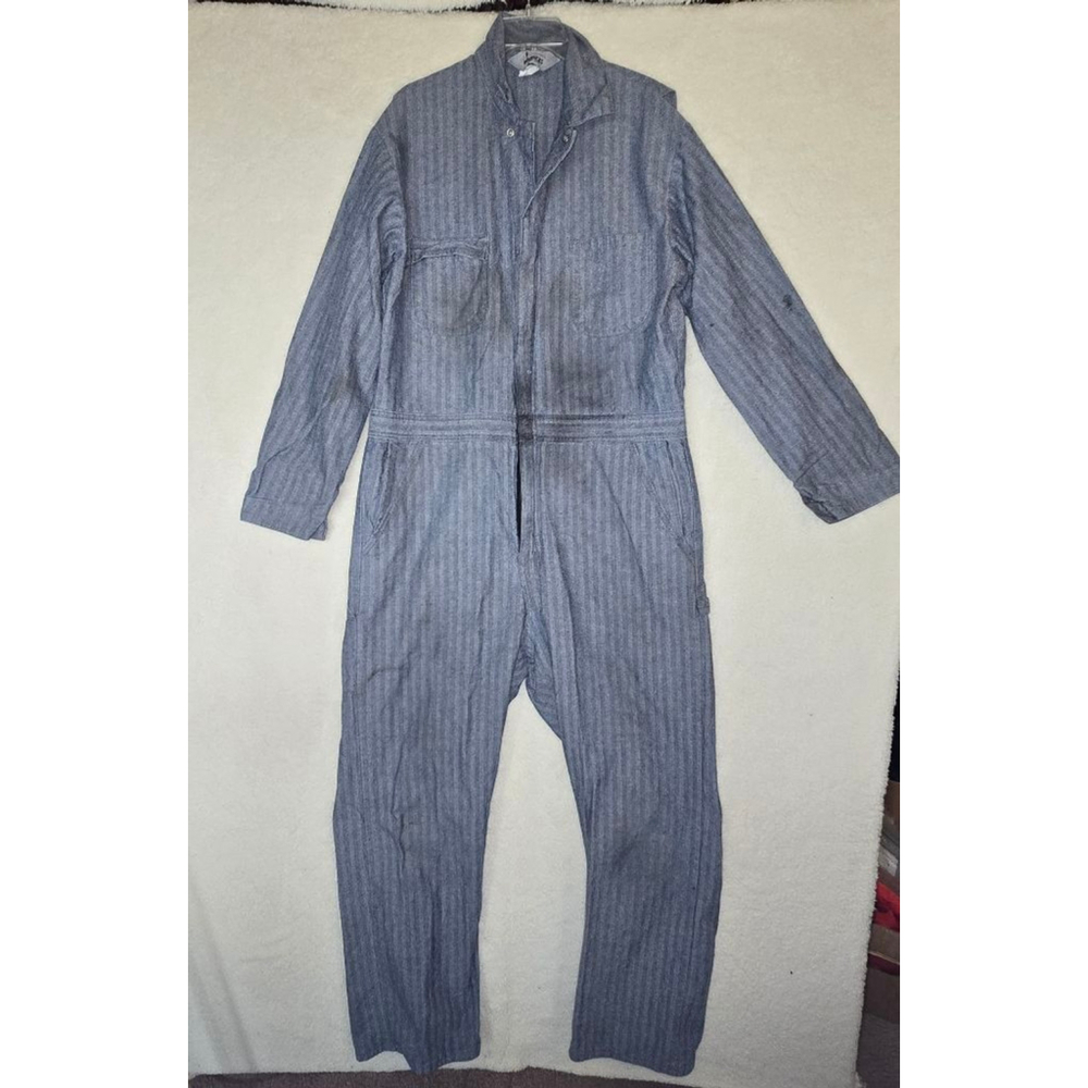 Vintage Roebucks Herringbone Denim Coveralls Made USA Zip Workwear Mech *read*